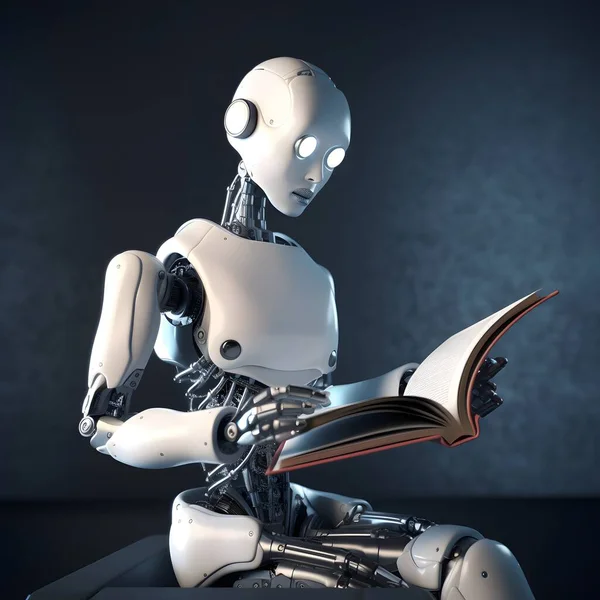 Robot humanoid reading book and solving math data analytics in concept of future mathematics artificial intelligence