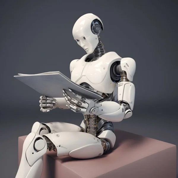 Robot humanoid reading book and solving math data analytics in concept of future mathematics artificial intelligence