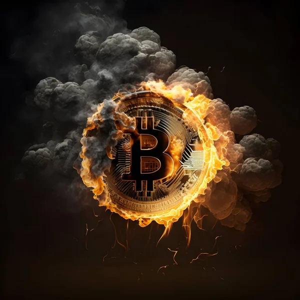 Golden Coins Bitcoin burning in a fiery flame on a dark background. Electronic money, the burning of crypto currency.