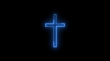 Mavi, parlayan Hıristiyan haç neon ikonunun video görüntüleri. Siyah arkaplan üzerindeki Neon Çizgileri soyut döngüsü. Gelecekçi lazer geçmişi. Kusursuz döngü. 4k video