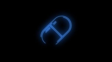 Mavi parıldayan ilaç haplarının video görüntüleri, kapsül neon ikonu. Siyah arkaplan üzerindeki Neon Çizgileri soyut döngüsü. Gelecekçi lazer geçmişi. Kusursuz döngü. 4k video