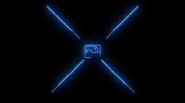 Mavi Işıldayan Görüntü Neon ikonunun video görüntüleri. Siyah arkaplan üzerindeki Neon Çizgileri soyut döngüsü. Gelecekçi lazer geçmişi. Kusursuz döngü. 4k video
