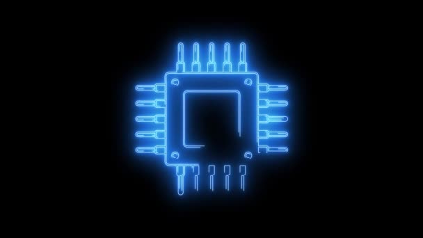 蓝色发光处理器 Cpu霓虹灯图标的视频镜头 在黑色背景上抽象的环形霓虹灯线 未来的激光背景 无缝圈 4K视频 — 图库视频影像