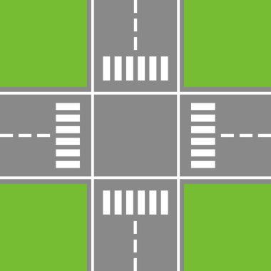 Crossing Road (yaya geçişleriyle kavşak). Yukarıdan Crossroads Manzarası. Vektör illüstrasyonu