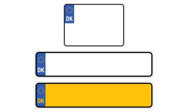 DENMARK 'ın araç plakası. AB ülke tanımlayıcısı. Vektör illüstrasyonu.