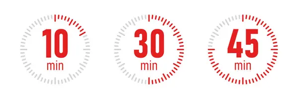 10, 30 ve 45 dakika, kronometre vektör ikonu. Kırmızı düz saat simgesi, 10, 30, 45 dakika arkaplanda. Vektör illüstrasyonu