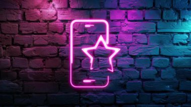 Pembe Uygulama incelemesinin video görüntüleri ve tuğla duvar arka planında kullanıcı geribildirim ikonu. Siyah arkaplanda Neon çizgileri soyut. Laser Pictogram animasyonu. Kusursuz döngü.