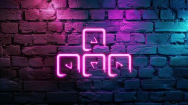 Duvarda Pembe Ok 'un parlayan klavye simgesinin video görüntüleri. Siyah arkaplanda Neon çizgileri soyut. Laser Pictogram animasyonu. Kusursuz döngü.