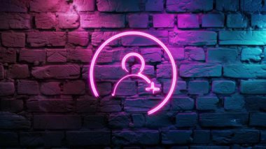 Pink 'in ışıldayan video görüntüleri tuğla duvar arka planında yeni kullanıcı neon simgesi ekle. Siyah arkaplanda Neon çizgileri soyut. Laser Pictogram animasyonu. Kusursuz döngü.