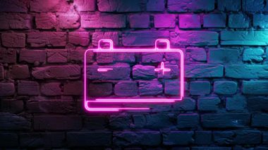 Tuğla duvarda Pembe Parlayan Araba akümülatör neon ikonunun video görüntüleri. Siyah arkaplanda Neon çizgileri soyut. Laser Pictogram animasyonu. Kusursuz döngü.