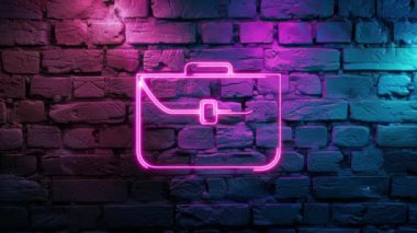 Duvardaki parlak pembe renkli iş çantası ikonunun video görüntüleri. Siyah arkaplanda Neon çizgileri soyut. Laser Pictogram animasyonu. Kusursuz döngü.