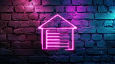 Duvarın arka planında parlayan Pembe Araba Garajı ikonunun video görüntüleri. Siyah arkaplanda Neon çizgileri soyut. Laser Pictogram animasyonu. Kusursuz döngü.