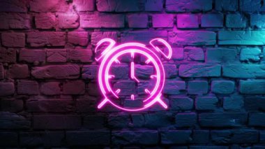 Duvarda Pembe Alarmlı Saatin Neon ikonunun video görüntüleri var. Siyah arkaplanda Neon çizgileri soyut. Laser Pictogram animasyonu. Kusursuz döngü