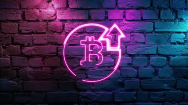 Duvarın arkasında parlayan Pembe Bitcoin fiyat artışının video görüntüleri var. Siyah arkaplanda Neon çizgileri soyut. Laser Pictogram animasyonu. Kusursuz döngü
