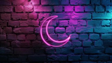 Duvarın arka planında parlayan Pembe Hilal simgesinin video görüntüleri. Siyah arkaplanda Neon çizgileri soyut. Laser Pictogram animasyonu. Kusursuz döngü