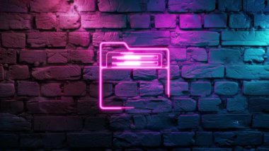 Tuğla duvar arka planında parlayan Pembe Bilgisayar Dizini Neon simgesinin video görüntüleri. Siyah arkaplanda Neon çizgileri soyut. Laser Pictogram animasyonu. Kusursuz döngü