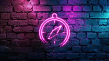 Duvarda Pembe Pusula 'nın parlayan neon ikonunun video görüntüleri. Siyah arkaplanda Neon çizgileri soyut. Laser Pictogram animasyonu. Kusursuz döngü