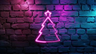 Duvarın arka planında parlayan Pembe Noel ağacı ikonunun video görüntüleri. Siyah arkaplanda Neon çizgileri soyut. Laser Pictogram animasyonu. Kusursuz döngü