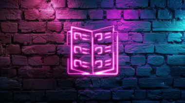 Pembe Katalog 'un video görüntüleri, restoran menüsü neon ikonu tuğla duvar arkaplanı. Siyah arkaplanda Neon çizgileri soyut. Laser Pictogram animasyonu. Kusursuz döngü