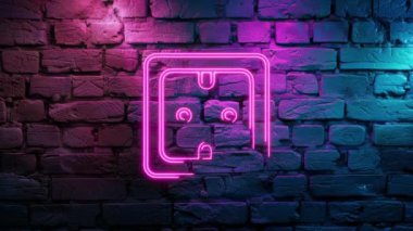 Pembe Parlayan Elektrik Soketi 'nin video görüntüleri, Tuğla duvar arka planında Plug tabelası simgesi. Siyah arkaplanda Neon çizgileri soyut. Laser Pictogram animasyonu. Kusursuz döngü