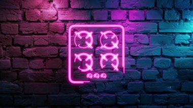 Duvarda Pembe Gaz Fırını Icon Neon ikonunun video görüntüleri var. Siyah arkaplanda Neon çizgileri soyut. Laser Pictogram animasyonu. Kusursuz döngü