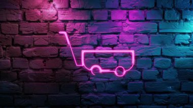 Pembe renkli el arabasının ya da duvardaki neon ikonunun video görüntüleri. Siyah arkaplanda Neon çizgileri soyut. Laser Pictogram animasyonu. Kusursuz döngü