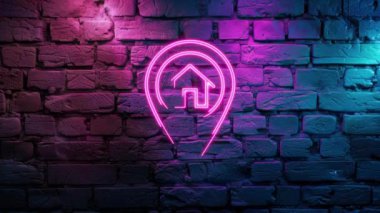 Pembe Işıldayan Ev 'in video görüntüleri, Tuğla duvar arka planında Adres Simgesi Neon simgesi. Siyah arkaplanda Neon çizgileri soyut. Laser Pictogram animasyonu. Kusursuz döngü