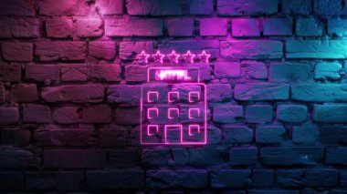 Duvarda Pembe Icon neon ikonu olan otel binasının video görüntüleri var. Siyah arkaplanda Neon çizgileri soyut. Laser Pictogram animasyonu. Kusursuz döngü