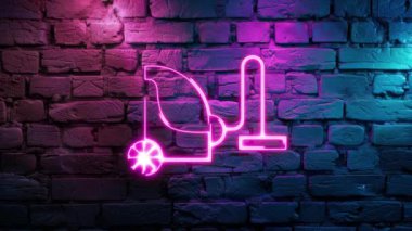 Pembe parlak ev süpürgesinin video görüntüleri, tuğla duvarda temiz ikon neon ikonu. Siyah arkaplanda Neon çizgileri soyut. Laser Pictogram animasyonu. Kusursuz döngü