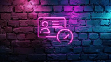 Pembe Parlayan Kimlik 'in video görüntüleri doğrulandı. Duvarın arka planında kimlik kartı simgesi var. Siyah arkaplanda Neon çizgileri soyut. Laser Pictogram animasyonu. Kusursuz döngü