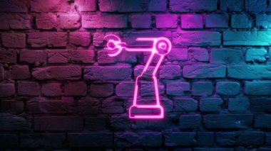 Duvarın arka planında parlayan Pembe Sanayi Robotu Simgesi Neon ikonunun video görüntüleri. Döngülenmiş Neon soyut çizgileri. Lazer Pictogram animasyonu. Kusursuz döngü. 4k video.