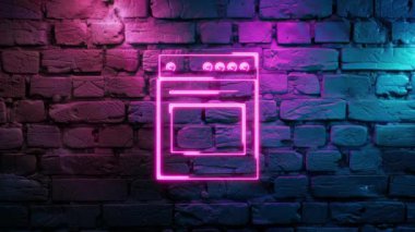 Duvarda Pembe Işıldayan Mutfak Üreticisi Icon Neon ikonunun video görüntüleri. Döngülenmiş Neon soyut çizgileri. Lazer Pictogram animasyonu. Kusursuz döngü. 4k video.