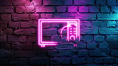 Duvarın arka planında parlayan Pembe Mikrodalga Fırın Simgesi Neon ikonunun video görüntüleri. Döngülenmiş Neon soyut çizgileri. Lazer Pictogram animasyonu. Kusursuz döngü. 4k video.
