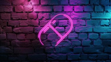 Pembe parlayan ilaç haplarının video görüntüleri, tuğla duvar arkasında kapsül simgesi. Döngülenmiş Neon soyut çizgileri. Lazer Pictogram animasyonu. Kusursuz döngü. 4k video.