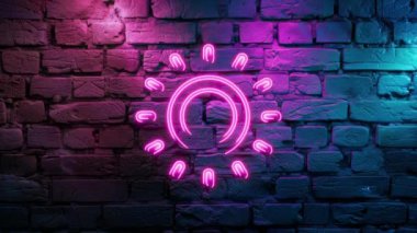 Duvarın arka planında parlayan Pembe Güneş Simgesi ikonunun video görüntüleri. Döngülenmiş Neon soyut çizgileri. Lazer Pictogram animasyonu. Kusursuz döngü. 4k video.