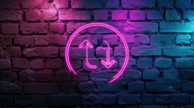 Pembe Işıldayan Retweet, Repost, Share Post neon ikonunun video görüntüleri tuğla duvar arkasında. Döngülenmiş Neon soyut çizgileri. Lazer Pictogram animasyonu. Kusursuz döngü. 4k video.