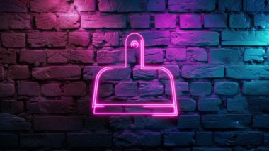 Duvarın arka planında ışıldayan pembe kepçe simge neon ikonunun video görüntüleri. Döngülenmiş Neon soyut çizgileri. Lazer Pictogram animasyonu. Kusursuz döngü. 4k video.