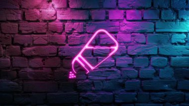 Tuğla duvar arka planında Pembe Parlayan Tuzlu Tuzluk Simgesi Neon ikonunun video görüntüleri. Döngülenmiş Neon soyut çizgileri. Lazer Pictogram animasyonu. Kusursuz döngü. 4k video.