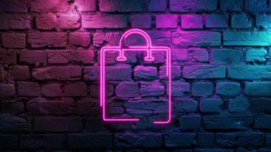 Duvarda Pembe Alışveriş Torbası Neon ikonunun parlayan video görüntüleri. Döngülenmiş Neon soyut çizgileri. Lazer Pictogram animasyonu. Kusursuz döngü. 4k video.