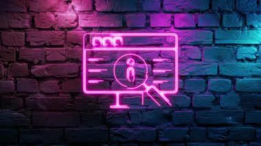 Tuğla duvar arka planında Pembe Parlak Araştırma Bilgi Simgesi Neon simgesinin video görüntüleri. Döngülenmiş Neon soyut çizgileri. Lazer Pictogram animasyonu. Kusursuz döngü. 4k video.