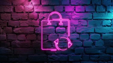 Pembe Alışveriş Torbası 'nın parlayan oklarının video görüntüleri, tuğla duvar arka planına Icon neon ikonunu yeniden yükle, yenile. Döngülenmiş Neon soyut çizgileri. Lazer Pictogram animasyonu. Kusursuz döngü. 4k video.