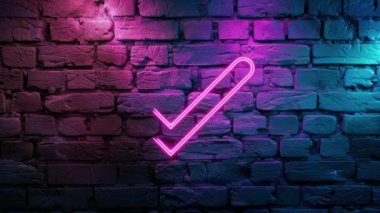 Pembe parlak basit bir çekimin video görüntüleri, tuğla duvarda tick ikon neon ikonu. Döngülenmiş Neon soyut çizgileri. Lazer Pictogram animasyonu. Kusursuz döngü. 4k video.