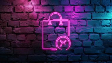 Pembe Alışveriş Torbası 'nın video görüntüleri yakın, tuğla duvarda Icon neon ikonu var. Döngülenmiş Neon soyut çizgileri. Lazer Pictogram animasyonu. Kusursuz döngü. 4k video.
