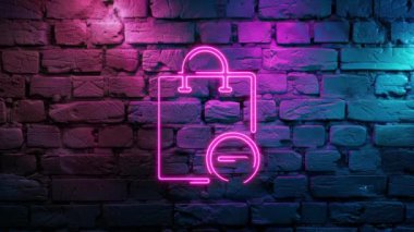 Duvarda Pembe Alışveriş Torbası ve Icon Neon ikonunun görüntüsü var. Döngülenmiş Neon soyut çizgileri. Lazer Pictogram animasyonu. Kusursuz döngü. 4k video.