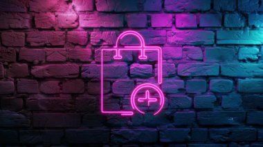 Pembe Parlayan Alışveriş Torbası 'nın video görüntüleri artı tuğla duvar arka planına Icon neon simgesi ekleyin. Döngülenmiş Neon soyut çizgileri. Lazer Pictogram animasyonu. Kusursuz döngü. 4k video.