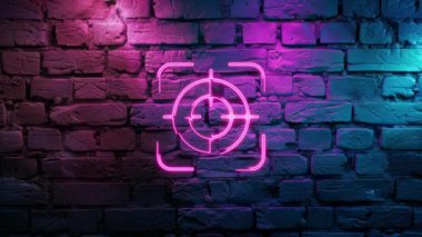 Tuğla duvarda Pembe Icon Neon 'un ışıldayan video görüntüleri. Döngülenmiş Neon soyut çizgileri. Lazer Pictogram animasyonu. Kusursuz döngü. 4k video.