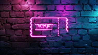 Duvardaki Pembe Icon Bilet Neon 'un video görüntüleri. Döngülenmiş Neon soyut çizgileri. Lazer Pictogram animasyonu. Kusursuz döngü. 4k video.