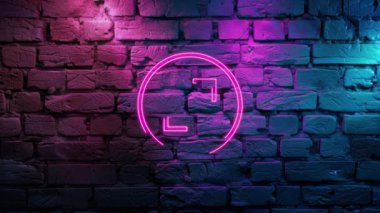 Duvardaki Pembe Zoom Simgesi 'nin neon görüntüsü. Döngülenmiş Neon soyut çizgileri. Lazer Pictogram animasyonu. Kusursuz döngü. 4k video.