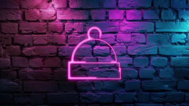 Tuğla duvarda ışıldayan Pembe Kış Cap Simgesi Neon 'un video görüntüleri. Döngülenmiş Neon soyut çizgileri. Lazer Pictogram animasyonu. Kusursuz döngü. 4k video.