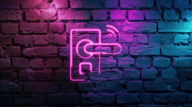 Kablosuz Kablosuz Kapı Kolu 'nun video görüntüleri. Tuğla duvar arka planında Icon Neon Simgesi. Döngülenmiş Neon soyut çizgileri. Lazer Pictogram animasyonu. Kusursuz döngü. 4k video.